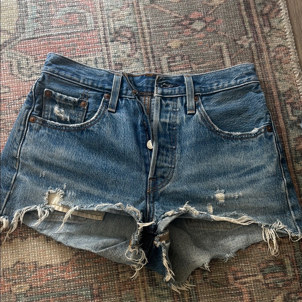 Levi's Blue Distressed Jean Shorts Frayed Hem
